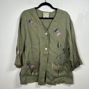 Play Alegre Artsy Boxy Linen Hand Painted Jacket Green Women's Size XS Oversized